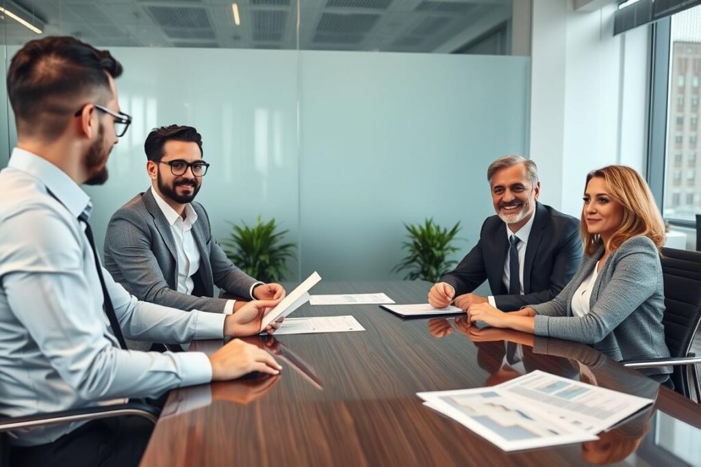 Meeting zwischen Unternehmer und privaten Investoren zur Unternehmensfinanzierung ohne Bank