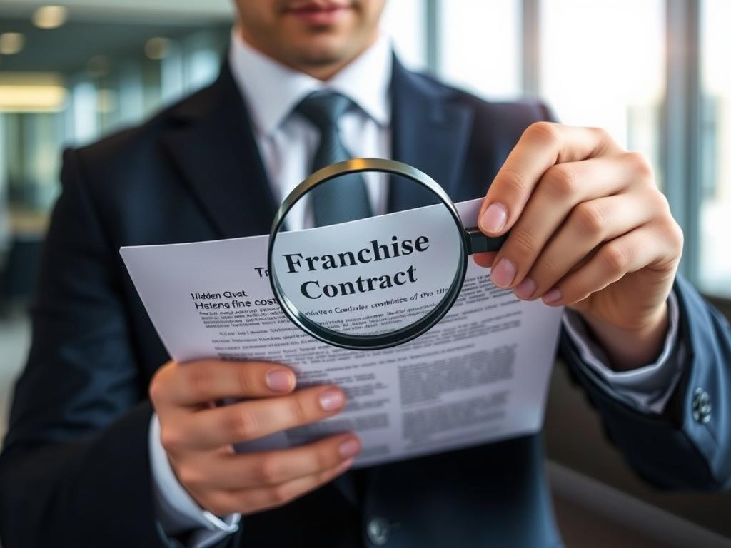 Person analysiert Franchise-Vertrag mit Lupe, um versteckte Kosten zu identifizieren