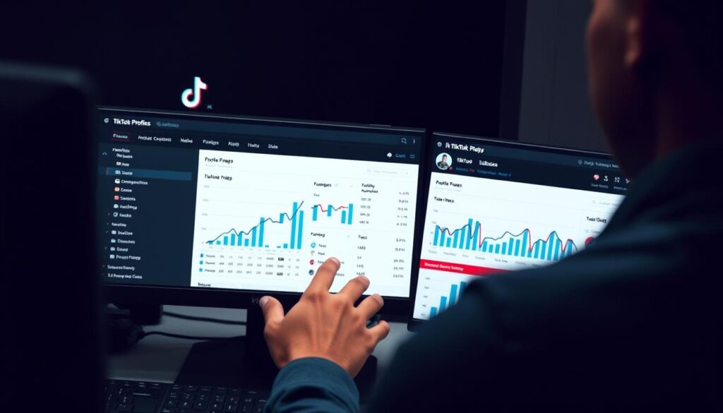 Person analysiert TikTok-Profil-Statistiken vor dem Kauf Person analysiert TikTok-Profil-Statistiken vor dem Kauf