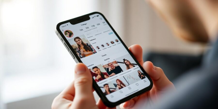 Person betrachtet Instagram-Profil mit vielen Followern auf einem Smartphone