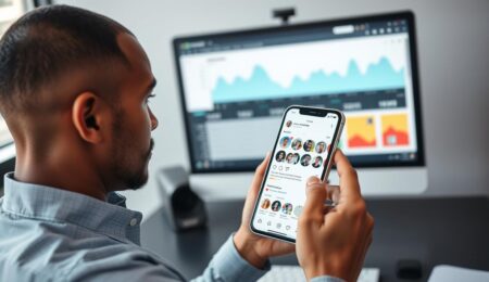 Person, die auf einem Smartphone die Instagram-App mit verschiedenen Profilen betrachtet