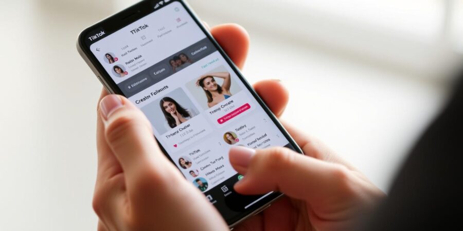 Person scrollt durch TikTok-Profile auf Smartphone mit TikTok-Profil kaufen Anzeigen