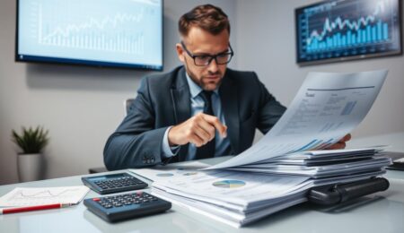 Unternehmensbewertung Steuern - Geschäftsmann analysiert Unternehmenswert mit Taschenrechner und Steuerdokumenten