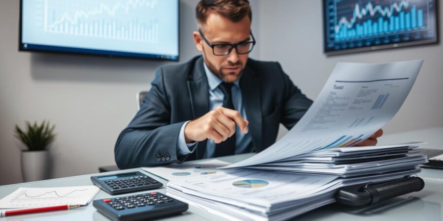 Unternehmensbewertung Steuern - Geschäftsmann analysiert Unternehmenswert mit Taschenrechner und Steuerdokumenten
