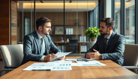 Unternehmensfinanzierung mit Bankkredit - Geschäftsmann bespricht Finanzierungsoptionen mit Bankberater