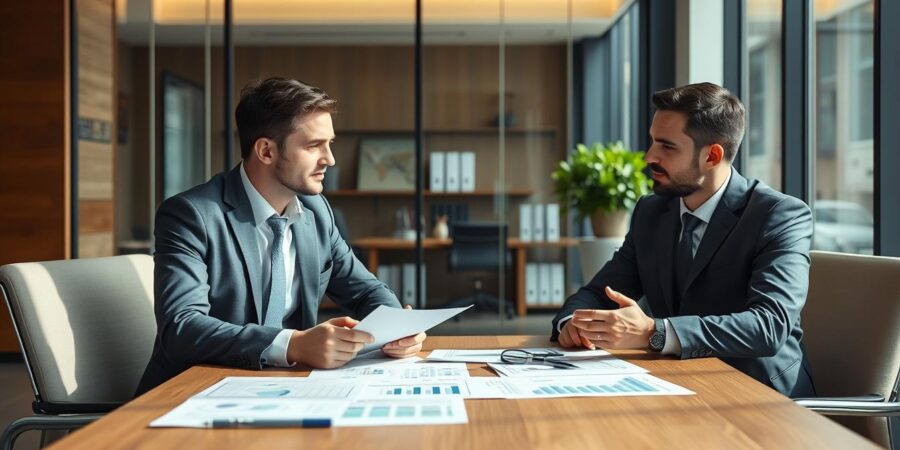 Unternehmensfinanzierung mit Bankkredit - Geschäftsmann bespricht Finanzierungsoptionen mit Bankberater