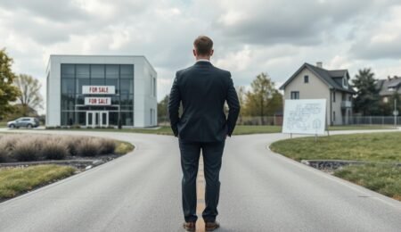 Unternehmenskauf vs Neugründung Konzeptvergleich mit Geschäftsmann zwischen zwei Optionen