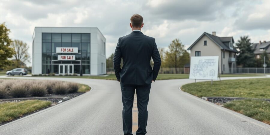 Unternehmenskauf vs Neugründung Konzeptvergleich mit Geschäftsmann zwischen zwei Optionen