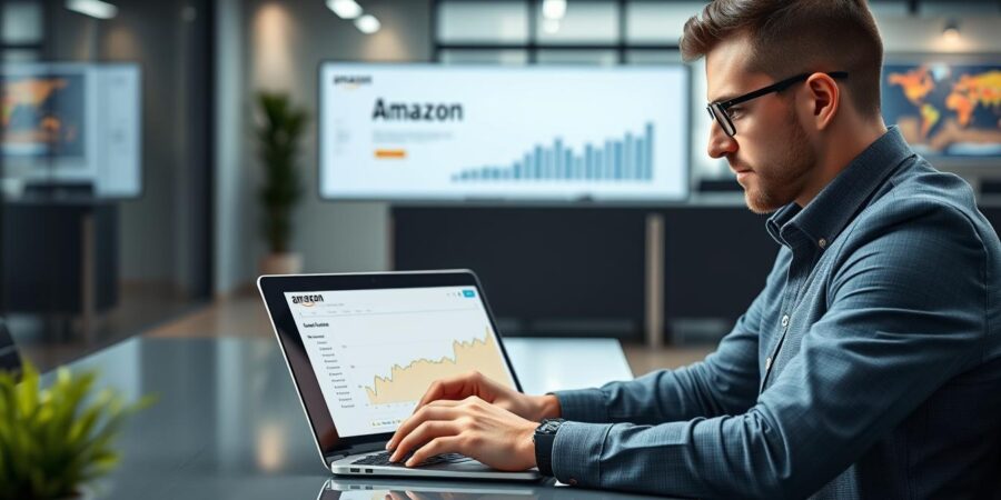Unternehmer betrachtet Wachstumskurve eines Amazon FBA Shops auf Laptop