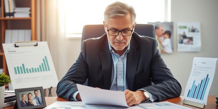 Unternehmer plant Unternehmensnachfolge am Schreibtisch mit Dokumenten