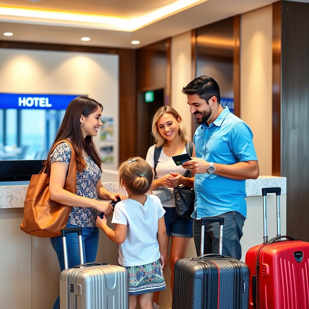 Familie mit Kindern auf Reisen nutzt Kreditkarte