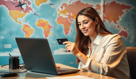 Frau bucht Flug mit Kreditkarte auf Laptop - Beste Kreditkarte für Flugbuchungen 2025