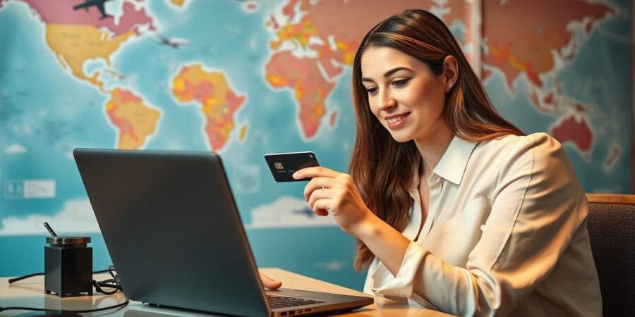 Frau bucht Flug mit Kreditkarte auf Laptop - Beste Kreditkarte für Flugbuchungen 2025
