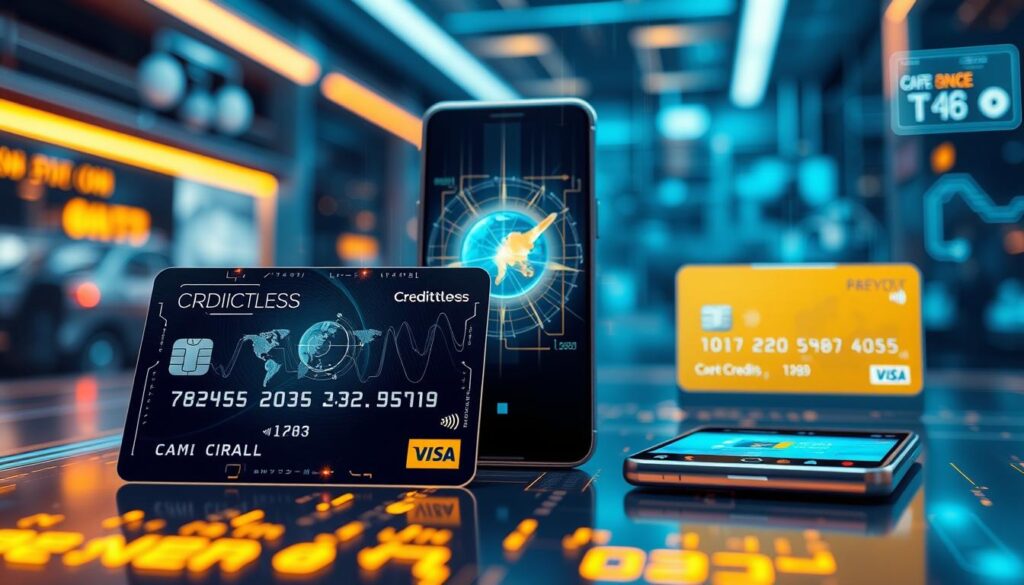 Futuristische Darstellung von Kreditkarten und digitalen Zahlungsmethoden 2025