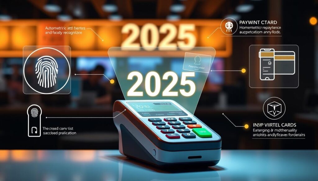 Futuristische Darstellung von Kreditkartenzahlungen mit Biometrie und Smartphone