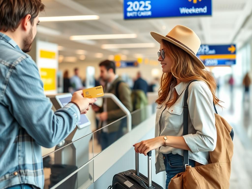 Gelegenheitsreisender mit Gold Kreditkarte beim Einchecken