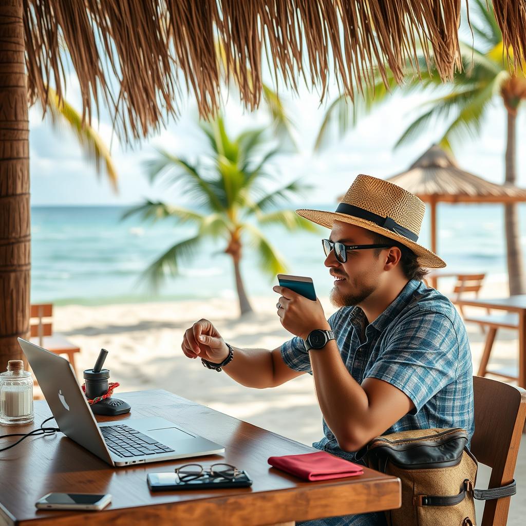 Langzeitreisender mit Kreditkarte in exotischer Umgebung