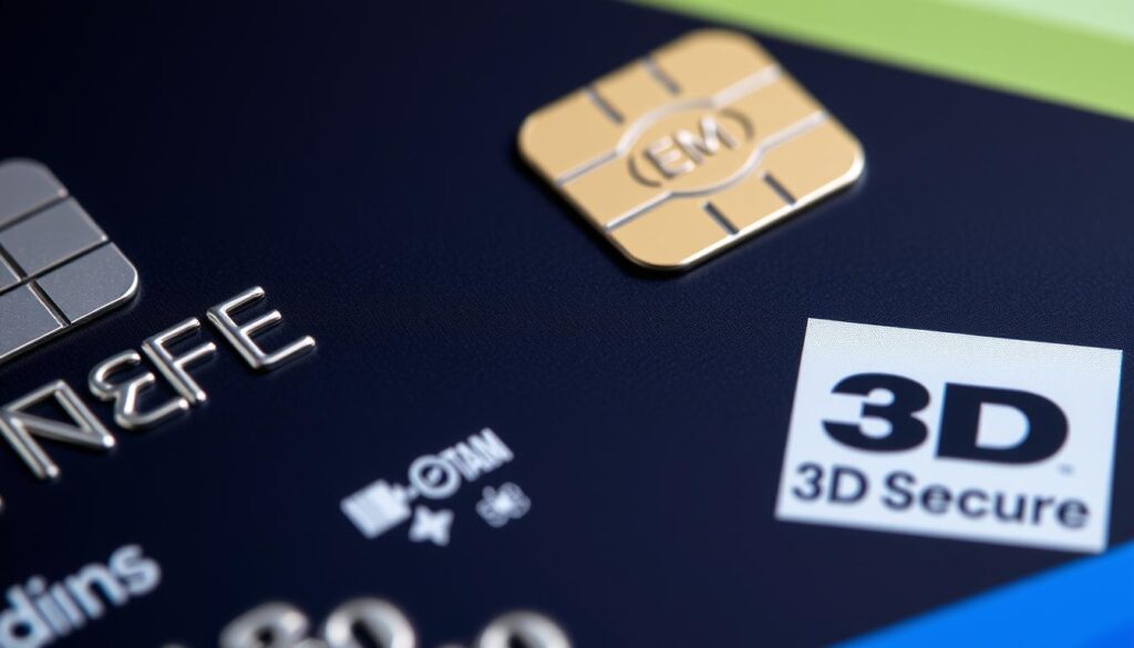 Nahaufnahme einer Kreditkarte mit NFC-Symbol und Sicherheitsmerkmalen