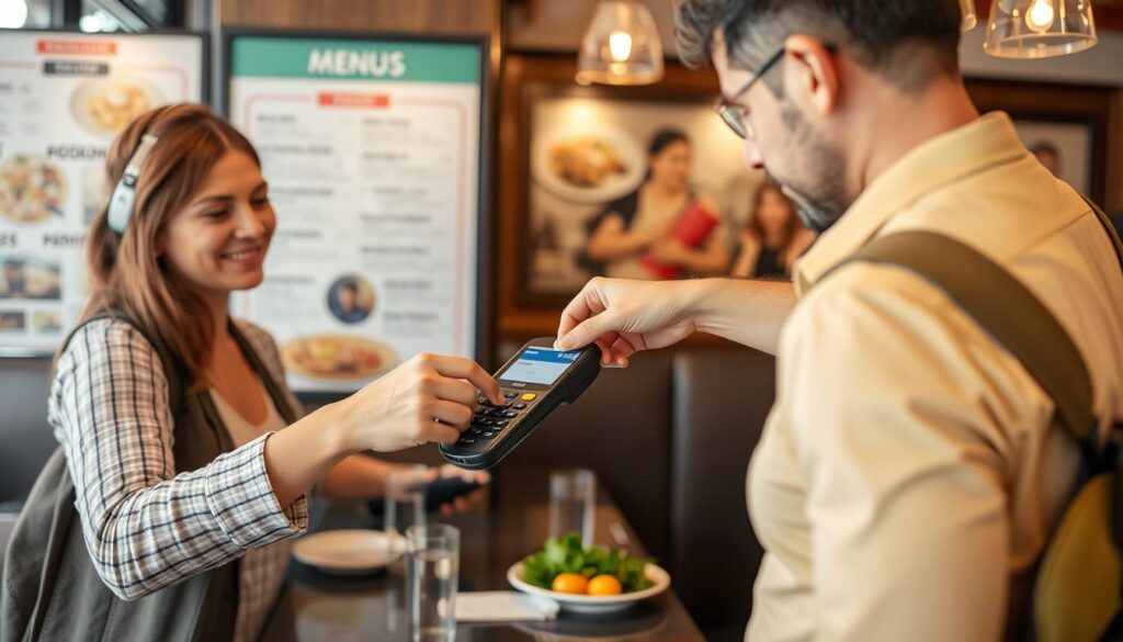 Person bezahlt mit Kreditkarte in einem ausländischen Restaurant, während der Kellner das Kartenterminal hält