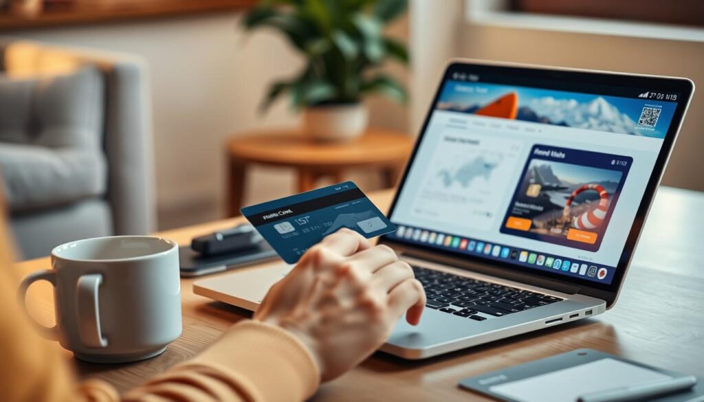 Person bucht Flug mit Kreditkarte auf Laptop - Tipps für Kreditkarten bei Flugbuchungen 2025
