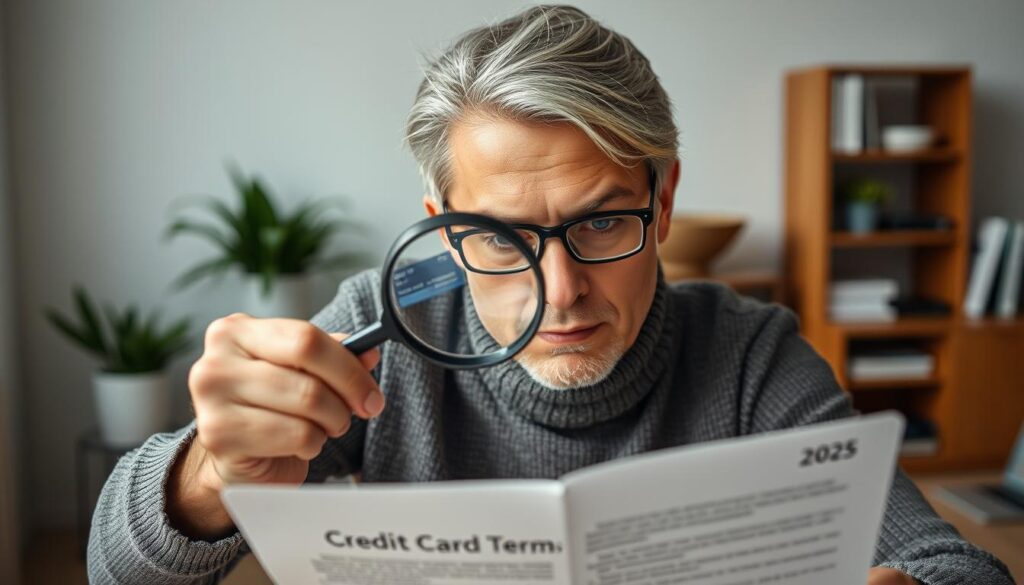 Person liest Kleingedrucktes zu Kreditkarten-Bedingungen