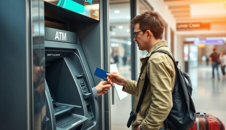 Person nutzt Kreditkarte am Geldautomaten im Ausland