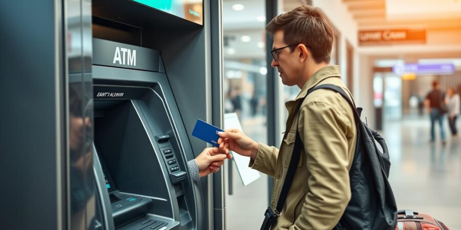 Person nutzt Kreditkarte am Geldautomaten im Ausland
