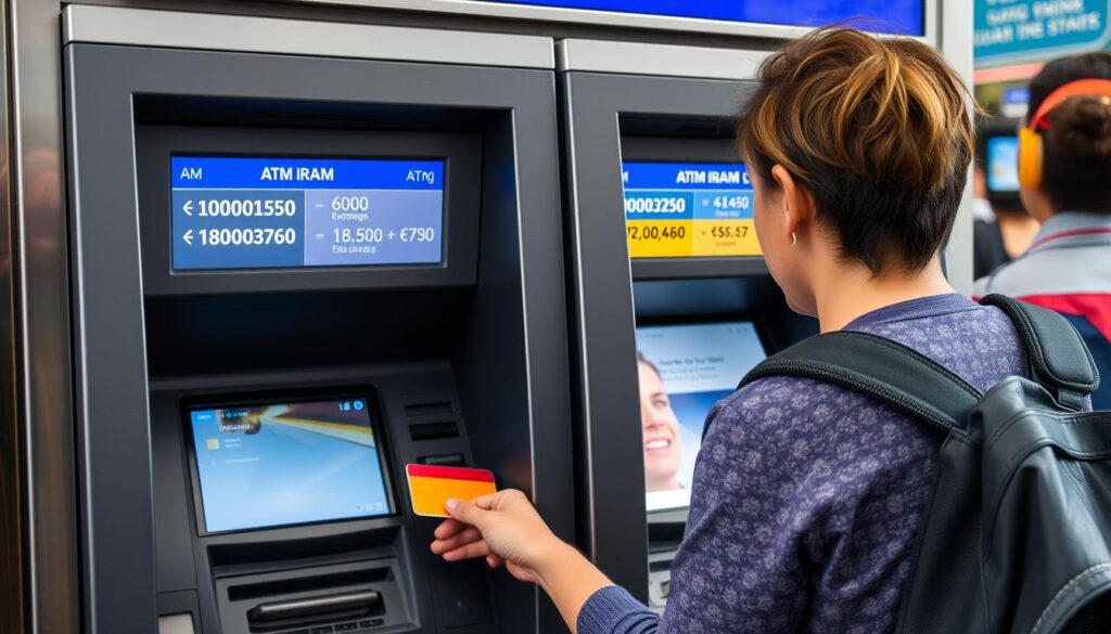 Person nutzt Kreditkarte an einem Geldautomaten im Ausland