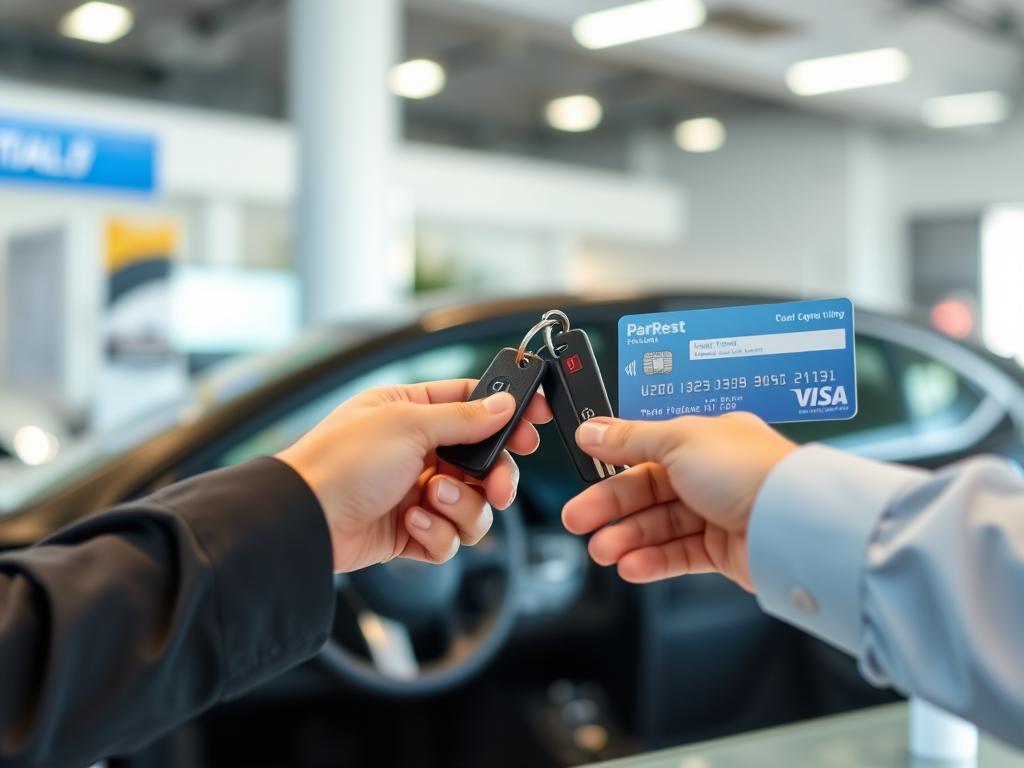 Person übernimmt Mietwagen mit Kreditkarte