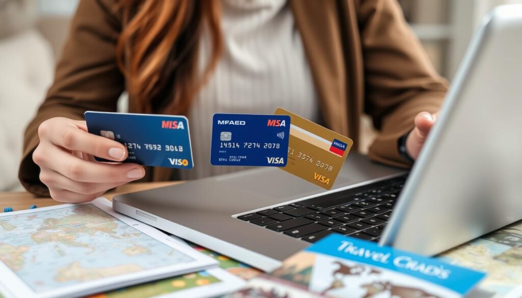 Person vergleicht verschiedene Reisekreditkarten für 2025