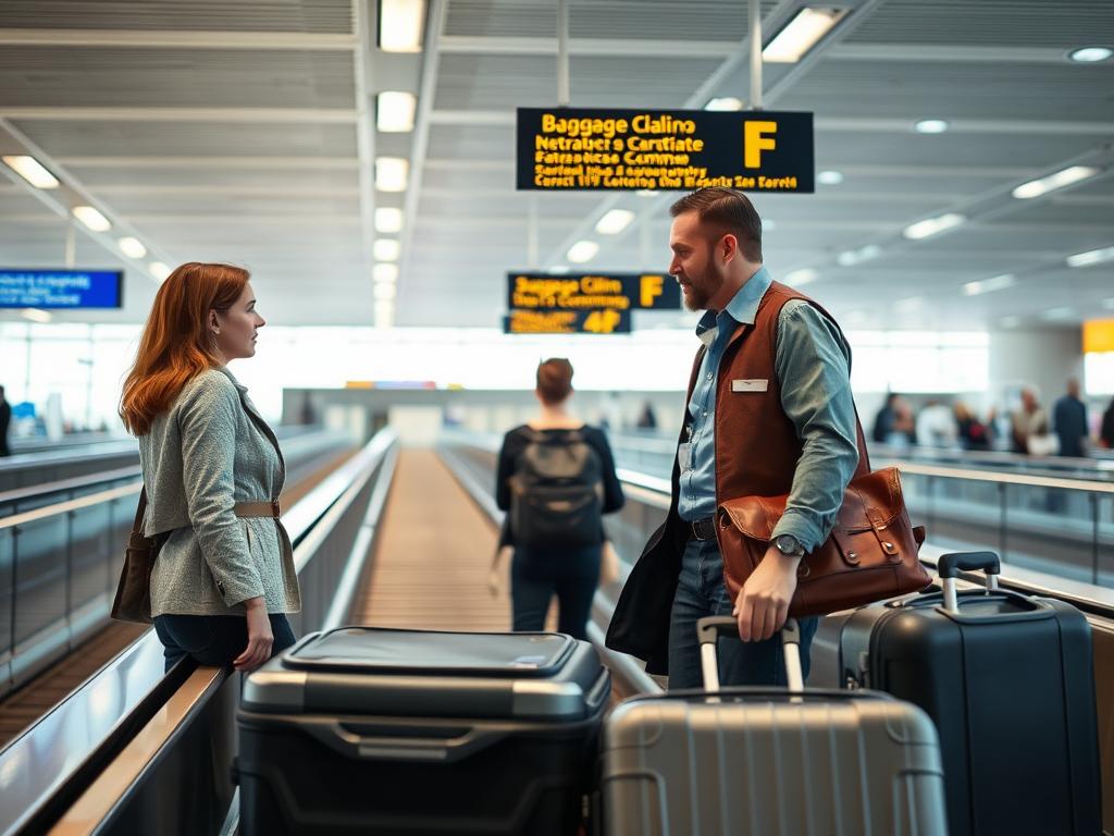 Verlorenes Gepäck am Flughafen mit Kofferband im Hintergrund
