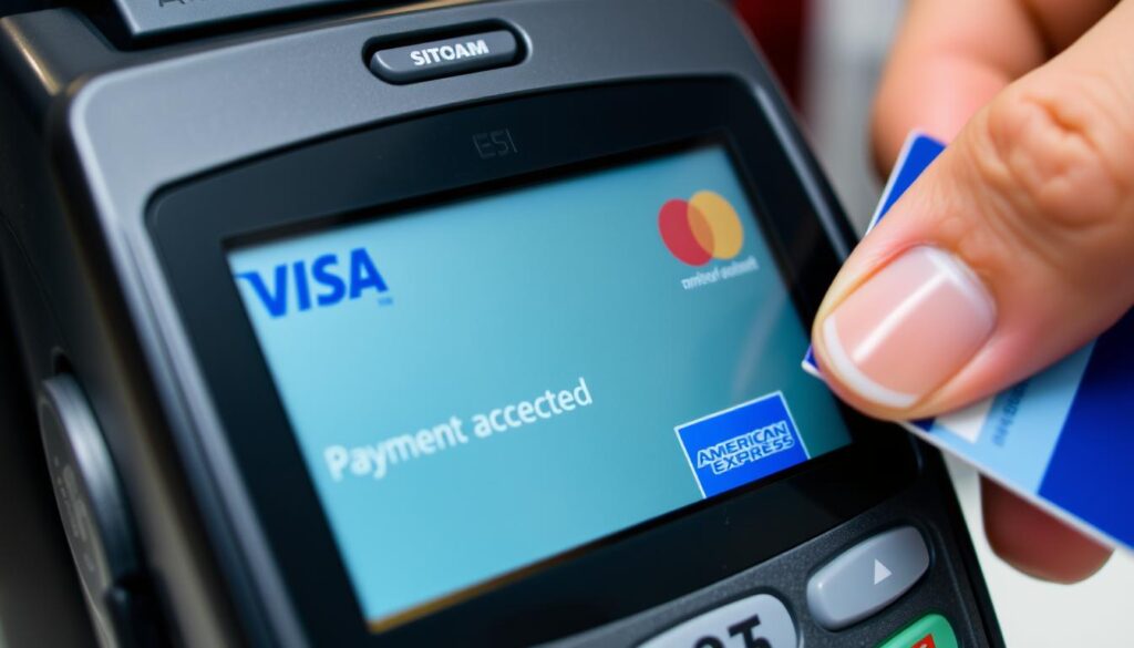 Verschiedene Kreditkarten mit Logos von Visa, Mastercard und American Express werden an einem Kartenterminal akzeptiert