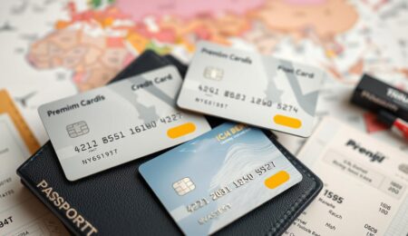 Verschiedene Kreditkarten mit Reiseversicherung auf einem Reisepass mit Flugtickets
