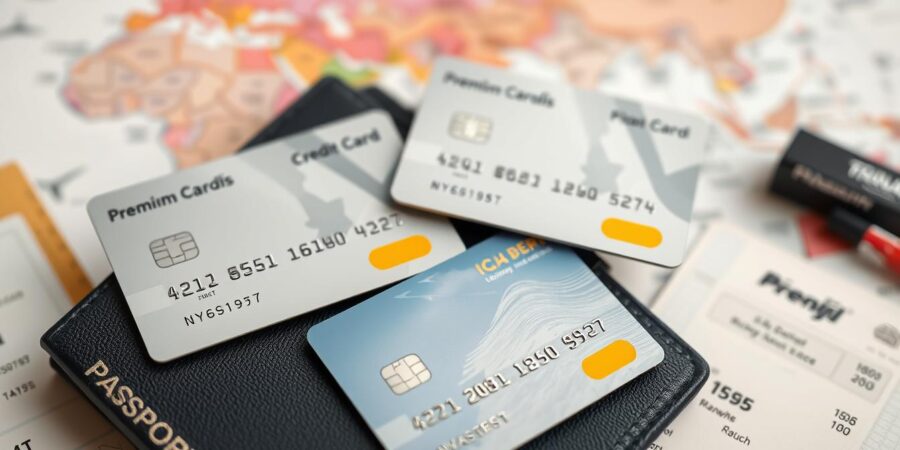 Verschiedene Kreditkarten mit Reiseversicherung auf einem Reisepass mit Flugtickets