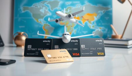 Verschiedene Kreditkarten zum Meilen sammeln 2025 mit Flugzeug im Hintergrund