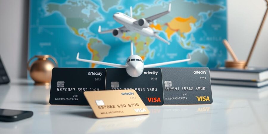 Verschiedene Kreditkarten zum Meilen sammeln 2025 mit Flugzeug im Hintergrund