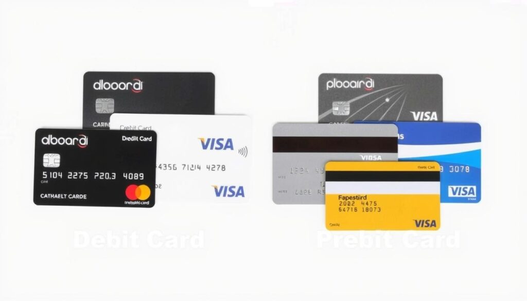Verschiedene Kreditkartentypen nebeneinander: Debitkarte, Charge-Karte, Revolving-Karte und Prepaid-Karte