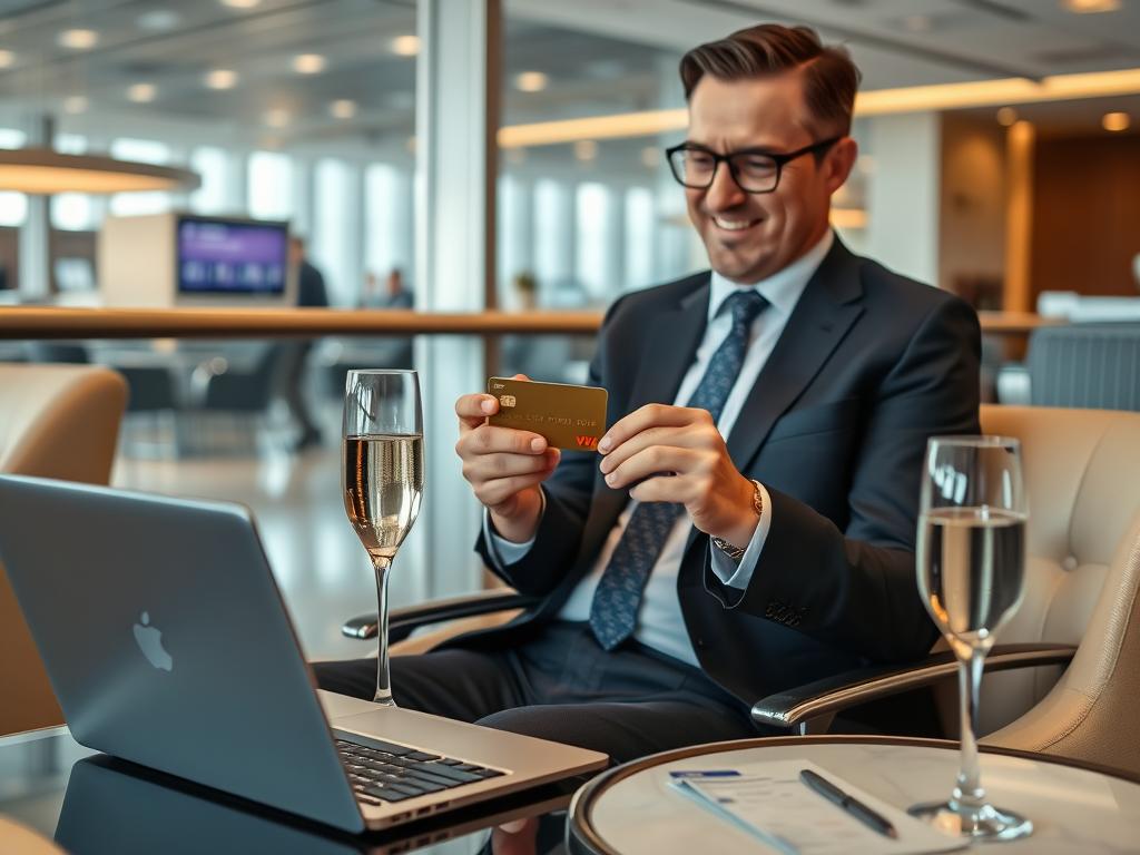 Vielflieger mit Premium-Kreditkarte im Flughafen-Lounge